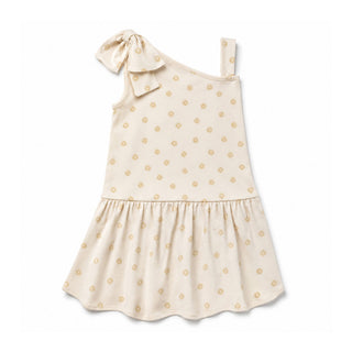 GIRLS Natural Sun Print Organic Asymmetrical Bow Shoulder Knit Dress