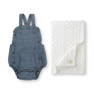Ruffle Sunsuit Romper & Cable Knit Blanket Gift Set