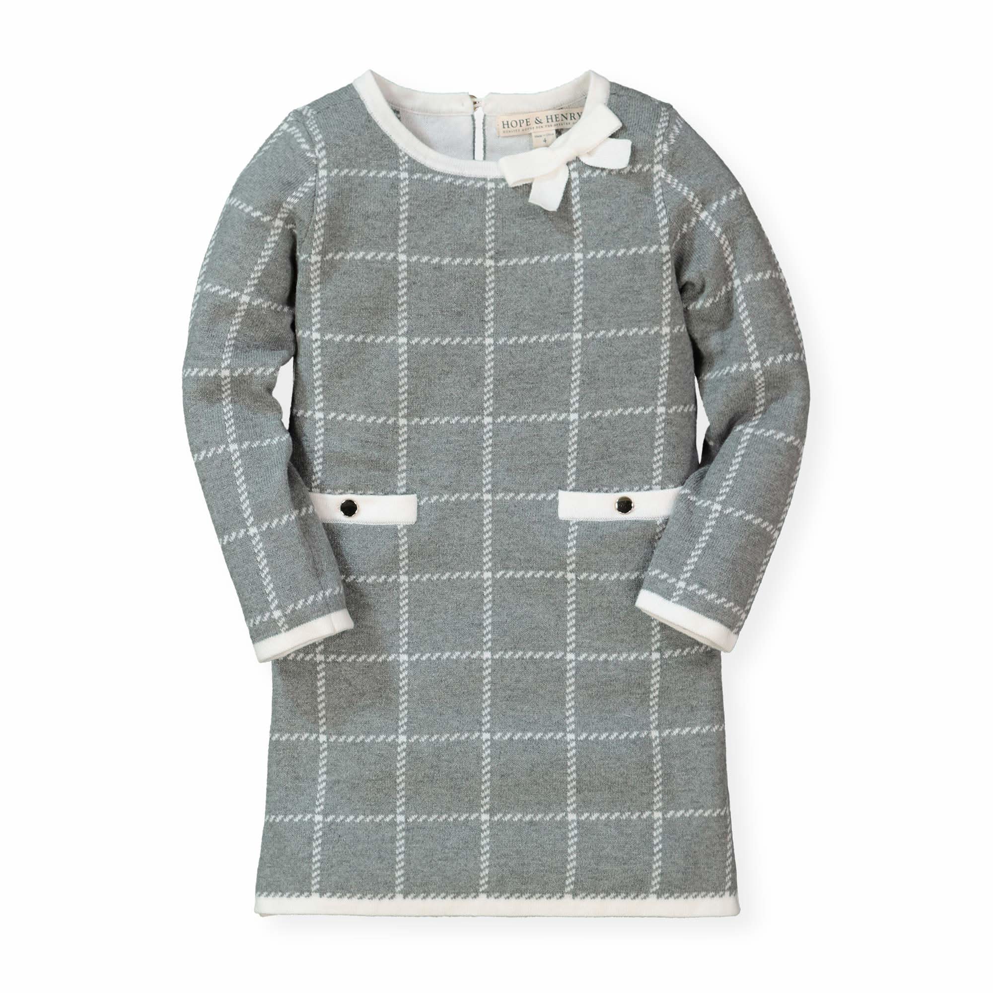 Hope & Henry Girls' Bow Detail Sweater Dress (Dark Gray Windowpane, 4) Hope & Henry Girls' Bow Detail Sweater Dress (Dark Gray Windowpane, 4)
