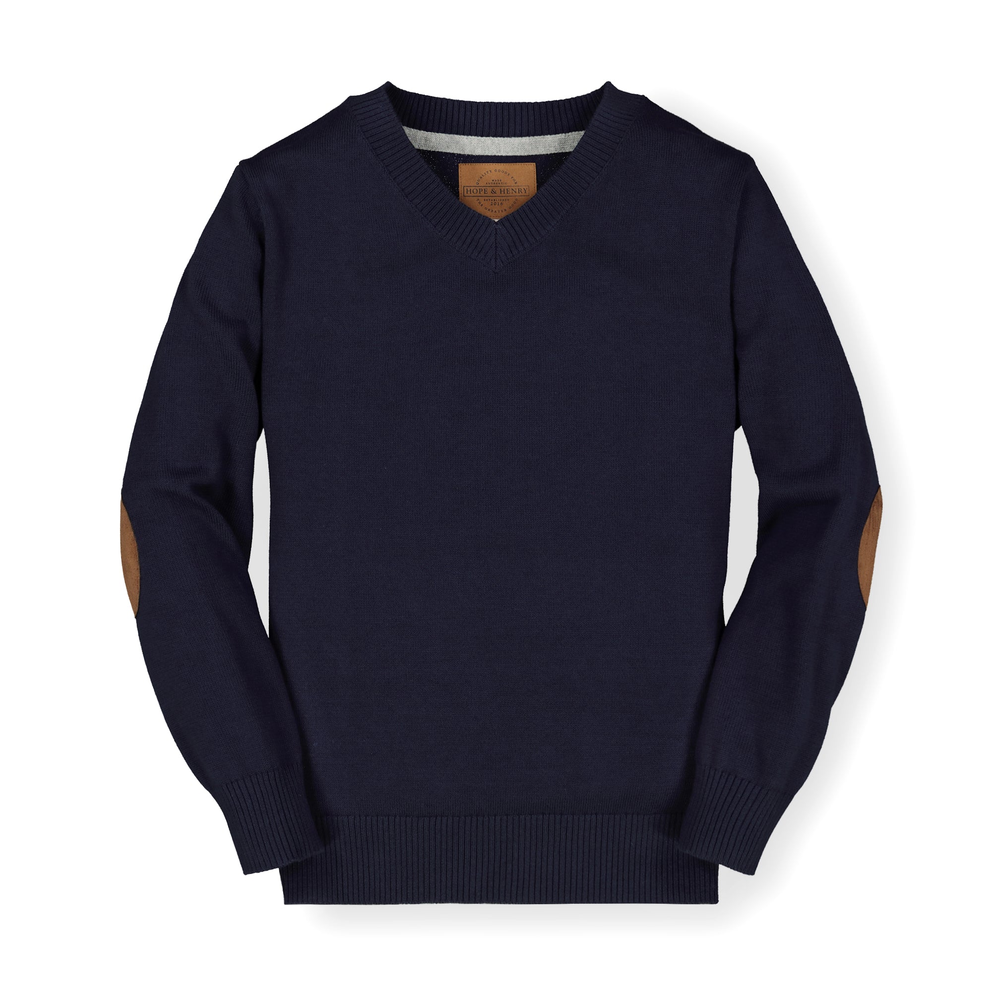 Milan V-Neck Sweater Navy Blue w/Light Grey Elbow Patch Xs