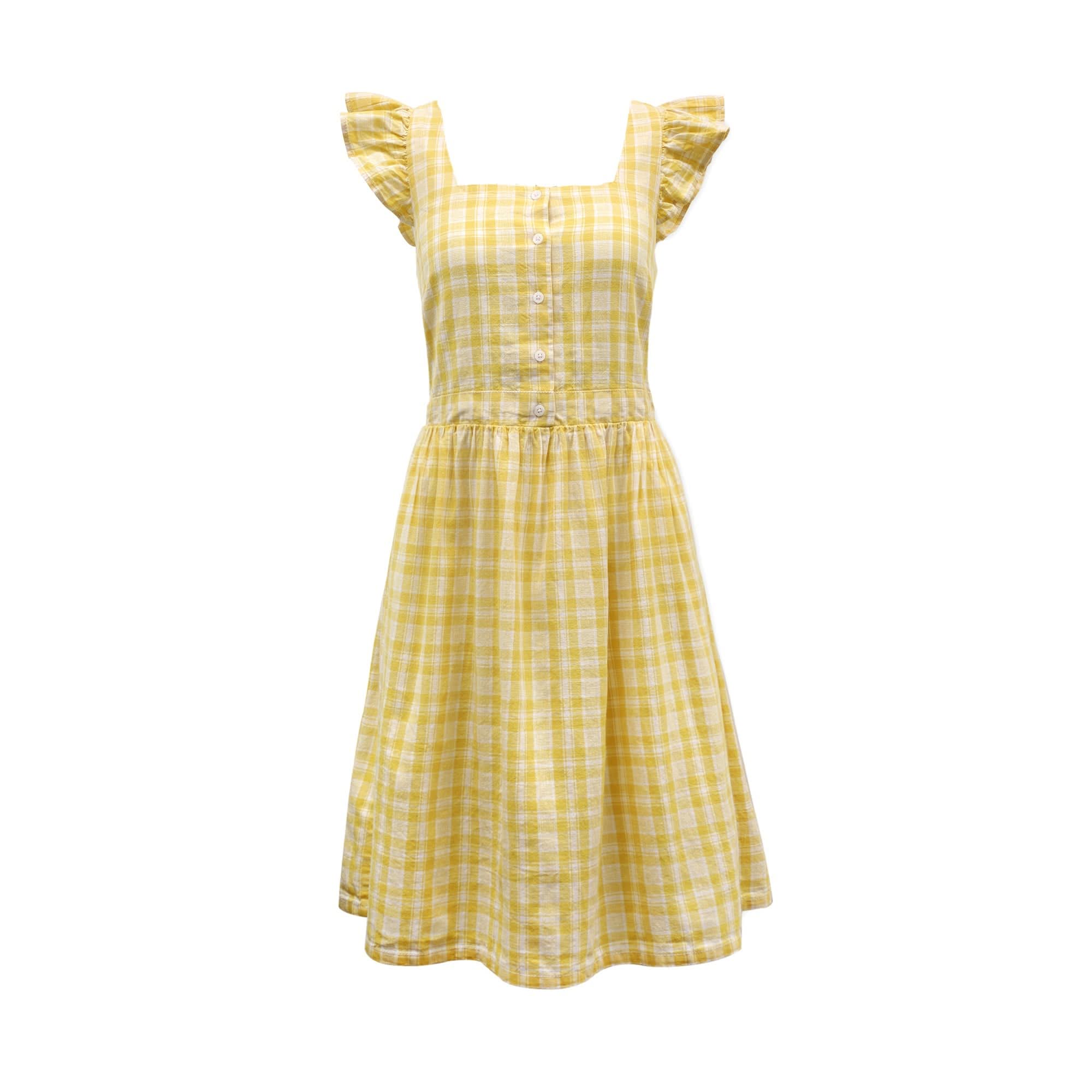Flutter Sleeve Sun Dress - 2 / Yellow Plaid Linen Flutter Sleeve Sun Dress - 2 / Yellow Plaid Linen