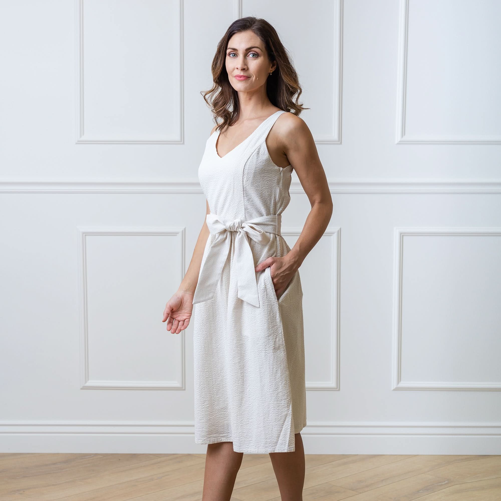 Hope & Henry - Womens A-Line Organic Dress with Sash - 10 / Taupe Seersucker Hope & Henry - Womens A-Line Organic Dress with Sash - 10 / Taupe Seersucker