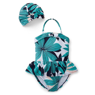 Palm Print Swimsuit Set With Swim Cap - Hope & Henry Girl