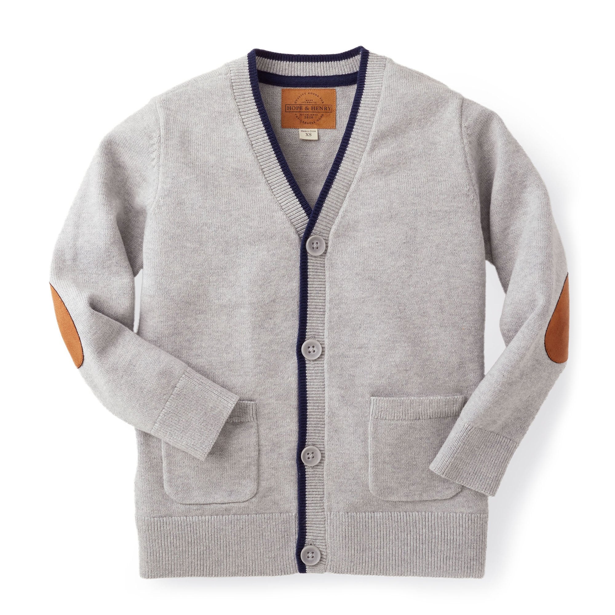 Hope & Henry Boys' Tipped Cardigan with Elbow Patches (Light Gray, 6-12 Months)